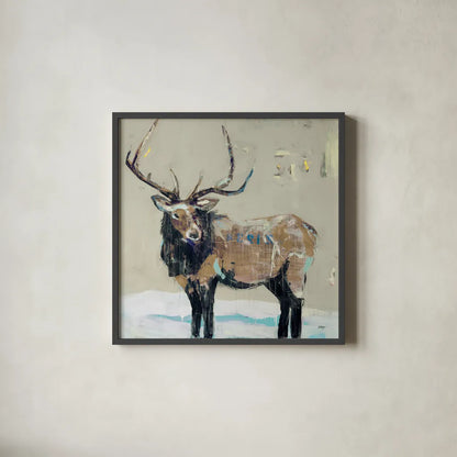 Winter Elk Neutral by Kellie Day. Shown in a sleek black glass frame for a contemporary gallery look. Available as an archival giclee rolled canvas, fine art paper, or poster print. SKU 63417a.