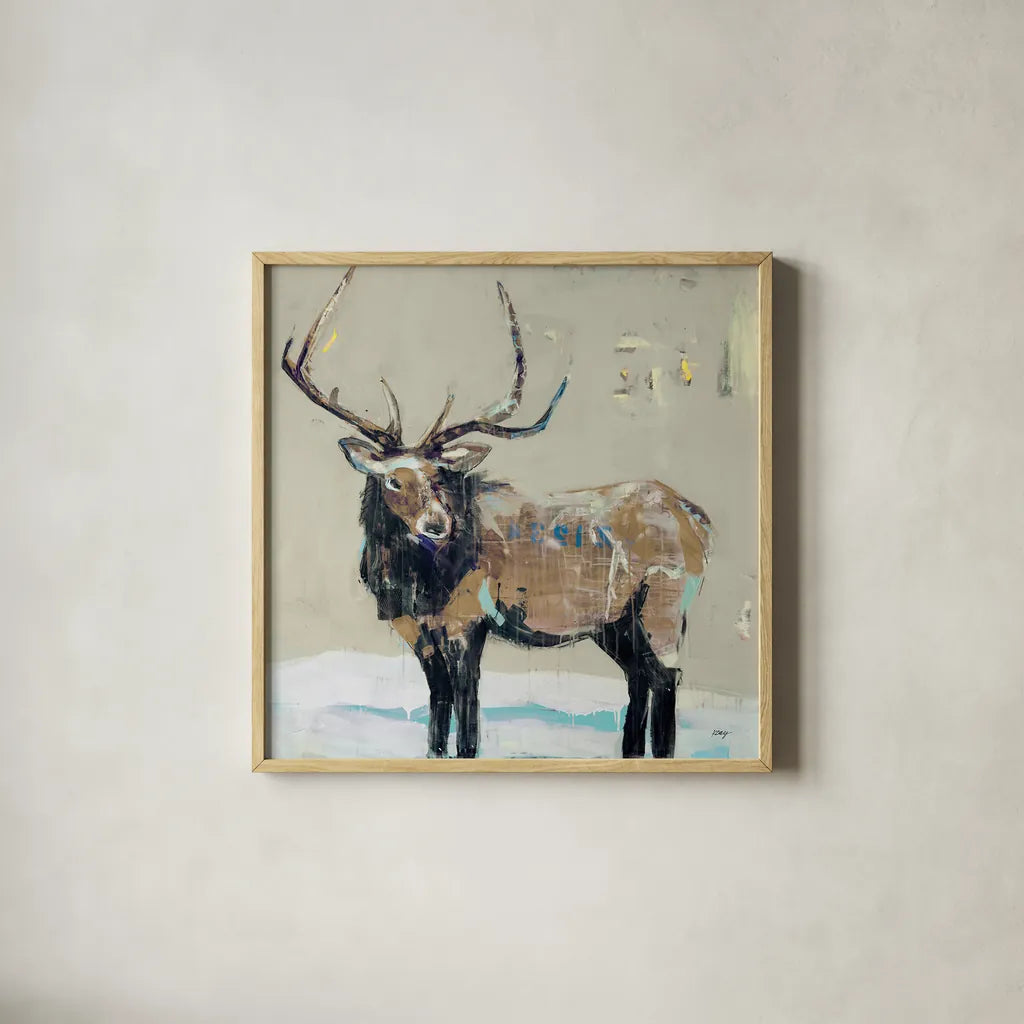 Winter Elk Neutral by Kellie Day. Shown in a natural wood glass frame for a timeless modern aesthetic. Available as an archival giclee rolled canvas, fine art paper, or poster print. SKU 63417a.