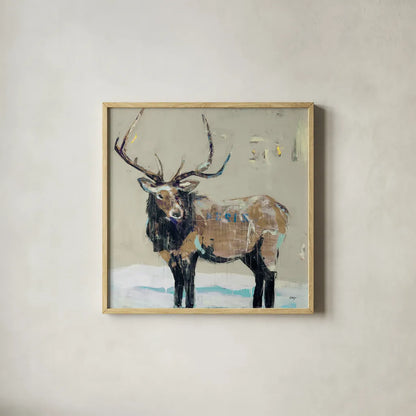 Winter Elk Neutral by Kellie Day. Shown in a natural wood glass frame for a timeless modern aesthetic. Available as an archival giclee rolled canvas, fine art paper, or poster print. SKU 63417a.
