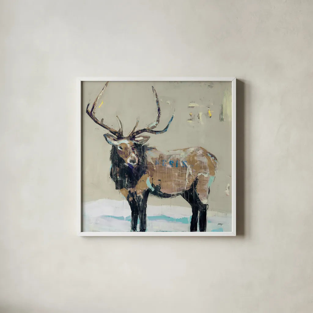 Winter Elk Neutral by Kellie Day. Shown in a crisp white glass frame for a clean and minimalist style. Available as an archival giclee rolled canvas, fine art paper, or poster print. SKU 63417a.