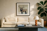 Winter Elk Neutral by Kellie Day. Displayed in a glass frame with matte in a clean modern living room. Available as an archival giclee rolled canvas, fine art paper, or poster print. SKU 63417a.