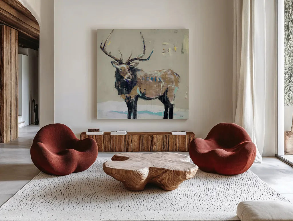 Winter Elk Neutral by Kellie Day. Shown as extra-large giant wall art in a modern living room. Available as an archival giclee rolled canvas, fine art paper, or poster print. SKU 63417a.