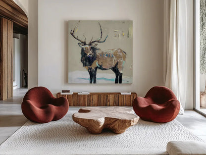 Winter Elk Neutral by Kellie Day. Shown as extra-large giant wall art in a modern living room. Available as an archival giclee rolled canvas, fine art paper, or poster print. SKU 63417a.