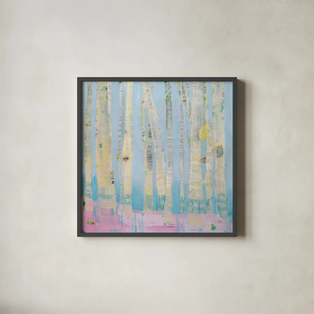 Winter Woods by Kellie Day. Shown in a sleek black glass frame for a contemporary gallery look. Available as an archival giclee rolled canvas, fine art paper, or poster print. SKU 59772a.