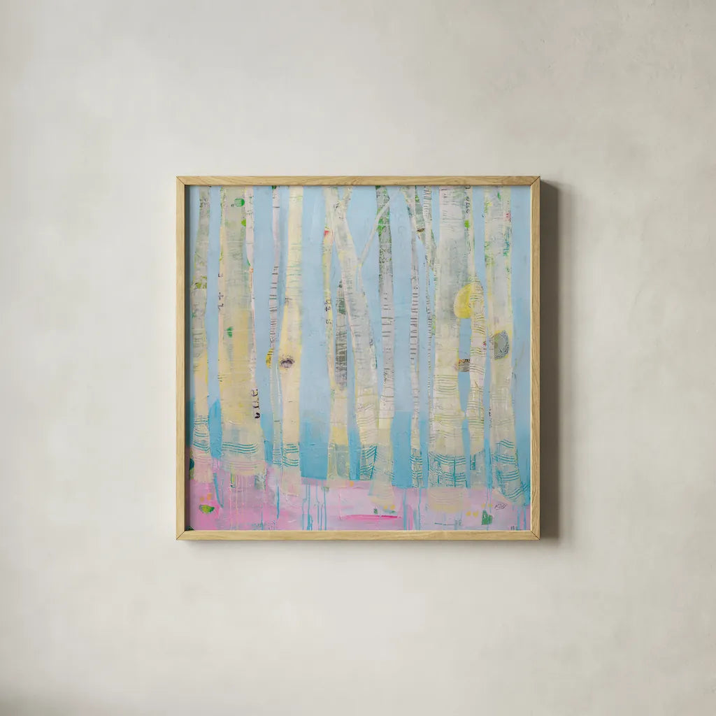 Winter Woods by Kellie Day. Shown in a natural wood glass frame for a timeless modern aesthetic. Available as an archival giclee rolled canvas, fine art paper, or poster print. SKU 59772a.