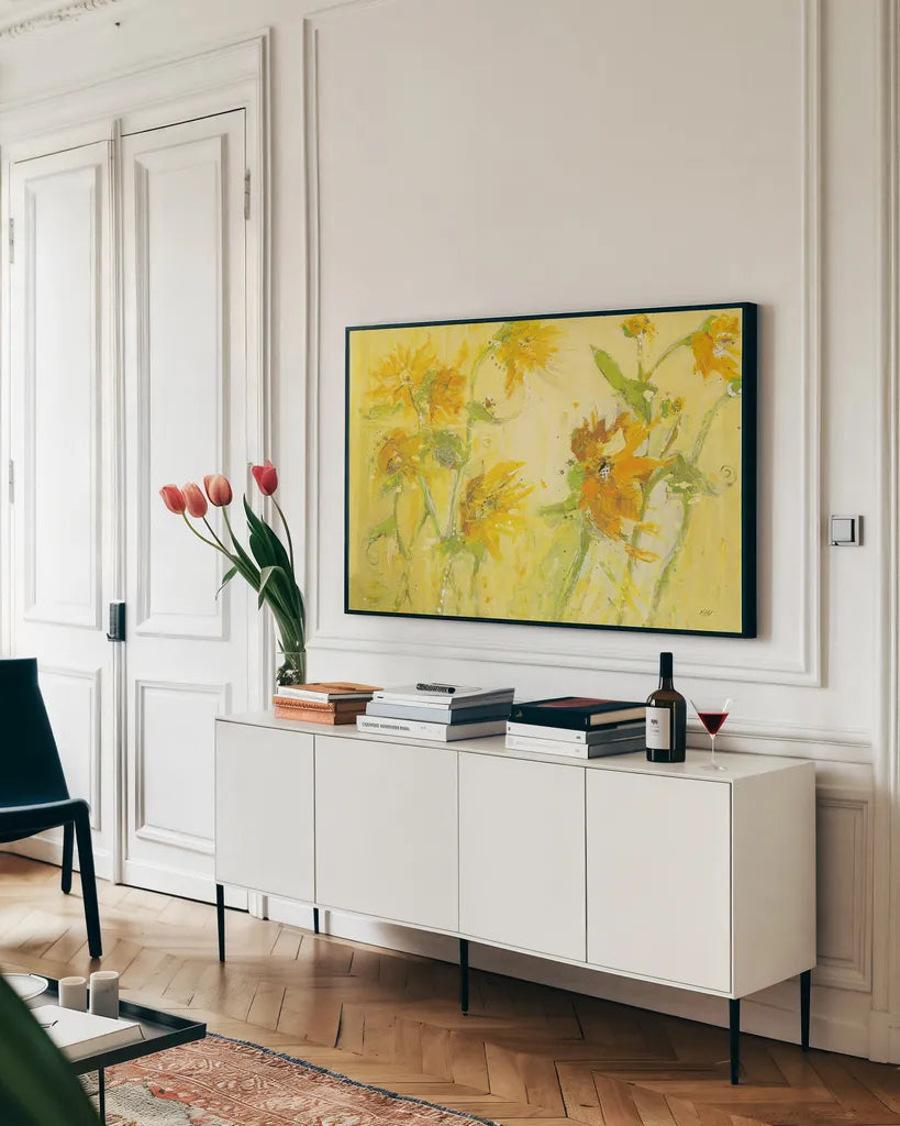 Your Sweet Orange Flowers by Kellie Day. shown as a framed stretched canvas in a living room above a console. Available as a archival giclee rolled canvas, fine art paper, or poster print. SKU 36067i.