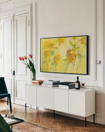 Your Sweet Orange Flowers by Kellie Day. shown as a framed stretched canvas in a living room above a console. Available as a archival giclee rolled canvas, fine art paper, or poster print. SKU 36067i.
