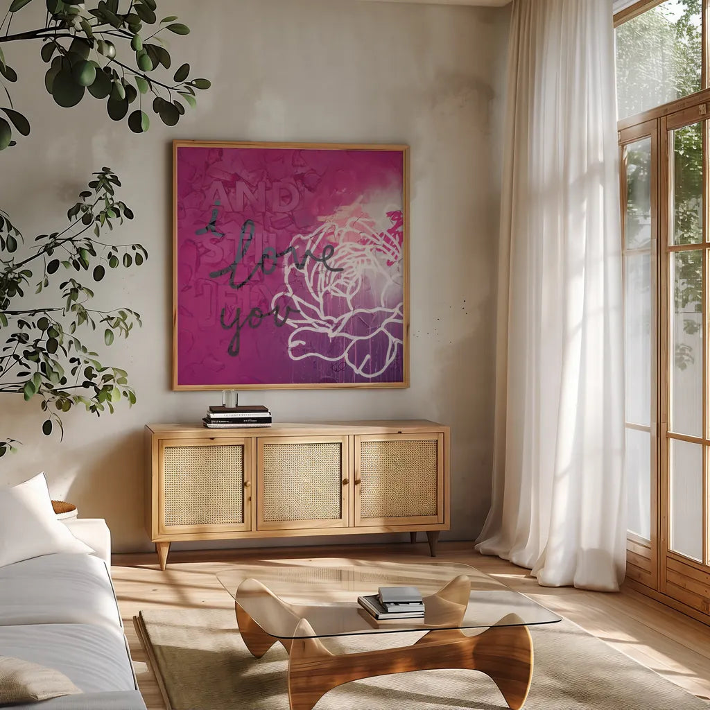 And Still I Fly Sq by Kent Youngstrom. Shown in a natural wood frame in a cozy modern living room. Available as an archival giclee rolled canvas, fine art paper, or poster print. SKU 80637a.