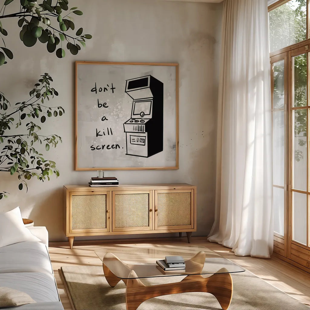 Arcade VI by Kent Youngstrom. Shown in a natural wood frame in a cozy modern living room. Available as an archival giclee rolled canvas, fine art paper, or poster print. SKU 81922a.