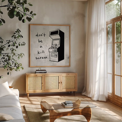 Arcade VI by Kent Youngstrom. Shown in a natural wood frame in a cozy modern living room. Available as an archival giclee rolled canvas, fine art paper, or poster print. SKU 81922a.