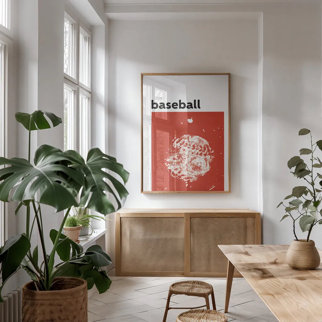 Baller I Red by Kent Youngstrom. shown as a print in a natural wood frame in a dining room. Available as a archival giclee rolled canvas, fine art paper, or poster print. SKU 84205h.