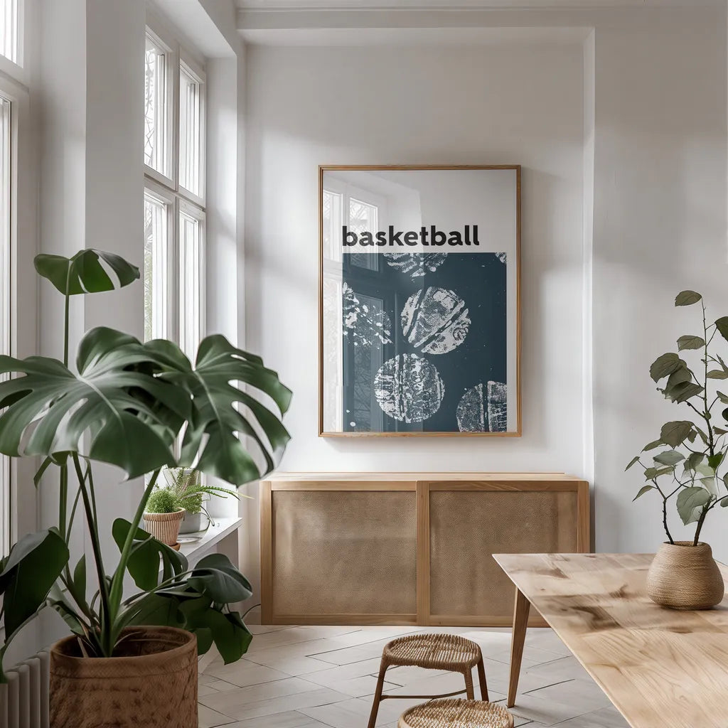 Baller II by Kent Youngstrom. shown as a print in a natural wood frame in a dining room. Available as a archival giclee rolled canvas, fine art paper, or poster print. SKU 84140h.