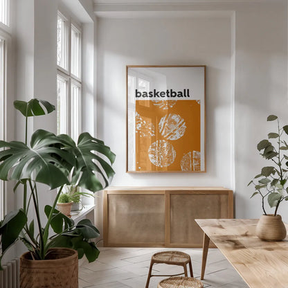 Baller II Orange by Kent Youngstrom. shown as a print in a natural wood frame in a dining room. Available as a archival giclee rolled canvas, fine art paper, or poster print. SKU 84206h.