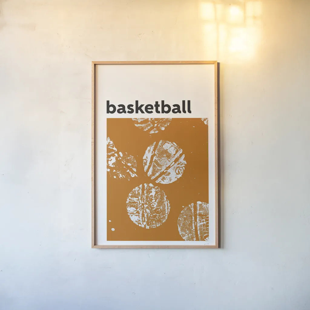 Baller II Orange by Kent Youngstrom. shown as a paper print in a natural frame. Available as a archival giclee rolled canvas, fine art paper, or poster print. SKU 84206h.