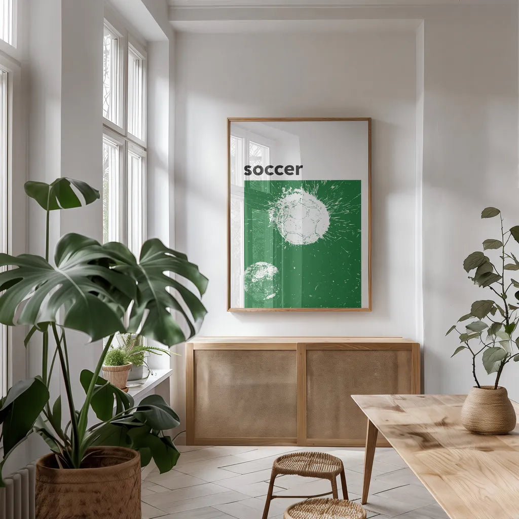 Baller IV Green by Kent Youngstrom. shown as a print in a natural wood frame in a dining room. Available as a archival giclee rolled canvas, fine art paper, or poster print. SKU 84208h.