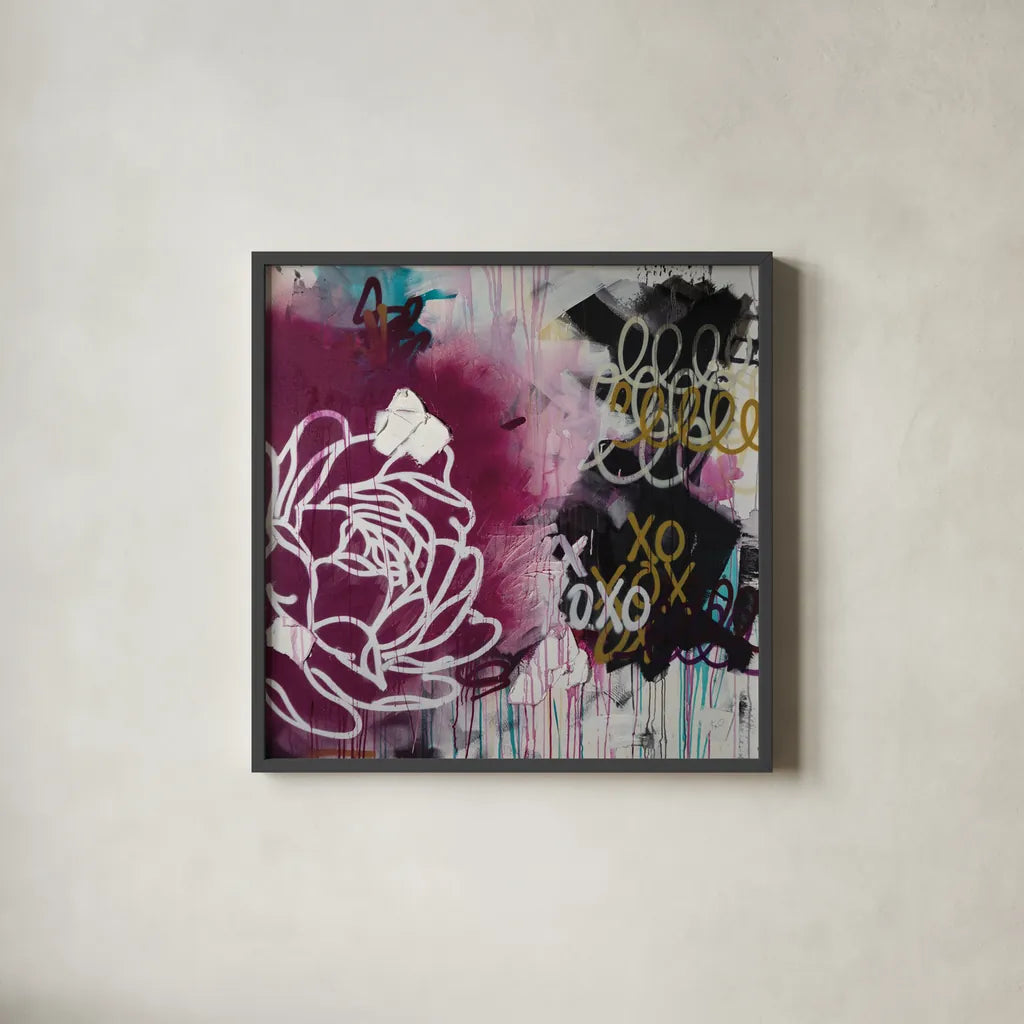 But Mom Dosent Like Graffiti by Kent Youngstrom. Shown in a sleek black glass frame for a contemporary gallery look. Available as an archival giclee rolled canvas, fine art paper, or poster print. SKU 87973a.