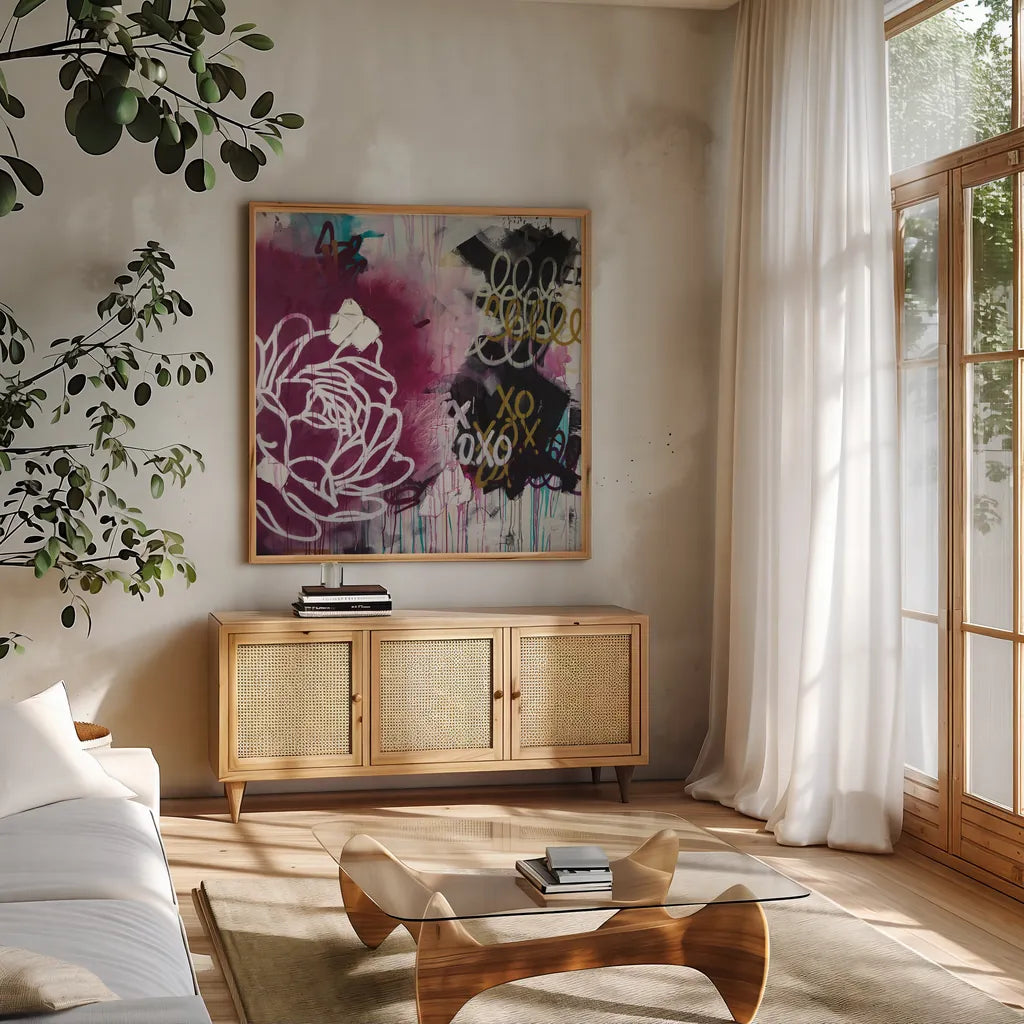 But Mom Dosent Like Graffiti by Kent Youngstrom. Shown in a natural wood frame in a cozy modern living room. Available as an archival giclee rolled canvas, fine art paper, or poster print. SKU 87973a.