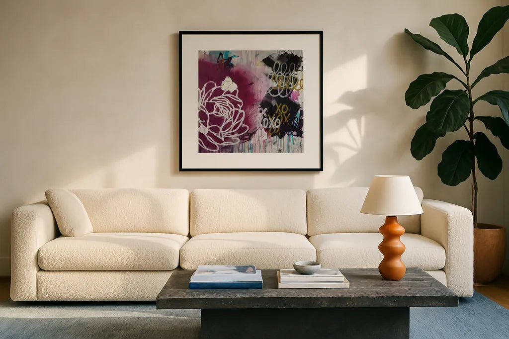 But Mom Dosent Like Graffiti by Kent Youngstrom. Displayed in a glass frame with matte in a clean modern living room. Available as an archival giclee rolled canvas, fine art paper, or poster print. SKU 87973a.