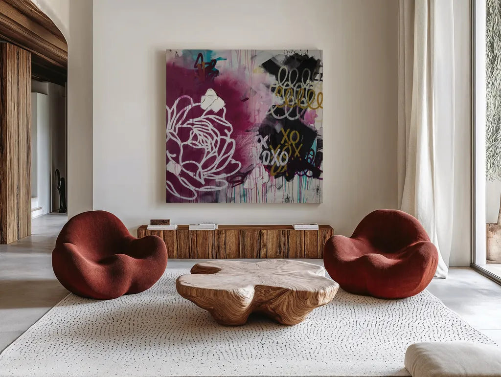 But Mom Dosent Like Graffiti by Kent Youngstrom. Shown as extra-large giant wall art in a modern living room. Available as an archival giclee rolled canvas, fine art paper, or poster print. SKU 87973a.