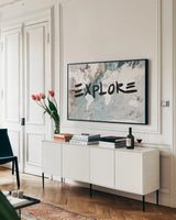 Explore Neutral World Map by Kent Youngstrom. shown as a framed stretched canvas in a living room above a console. Available as a archival giclee rolled canvas, fine art paper, or poster print. SKU 82619i.