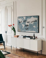 Get Off the Couch World by Kent Youngstrom. shown as a framed stretched canvas in a living room above a console. Available as a archival giclee rolled canvas, fine art paper, or poster print. SKU 82620i.