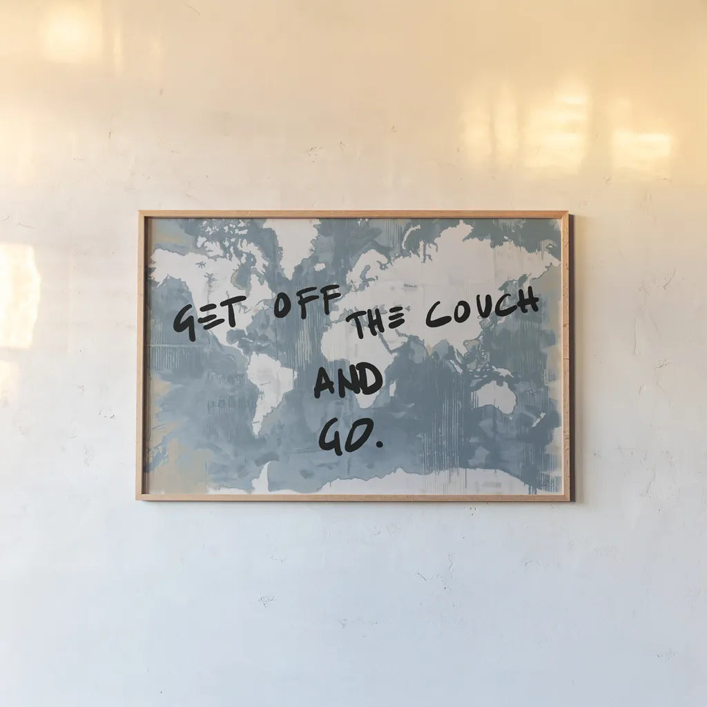 Get Off the Couch World by Kent Youngstrom. shown as a paper print in a natural frame. Available as a archival giclee rolled canvas, fine art paper, or poster print. SKU 82620i.