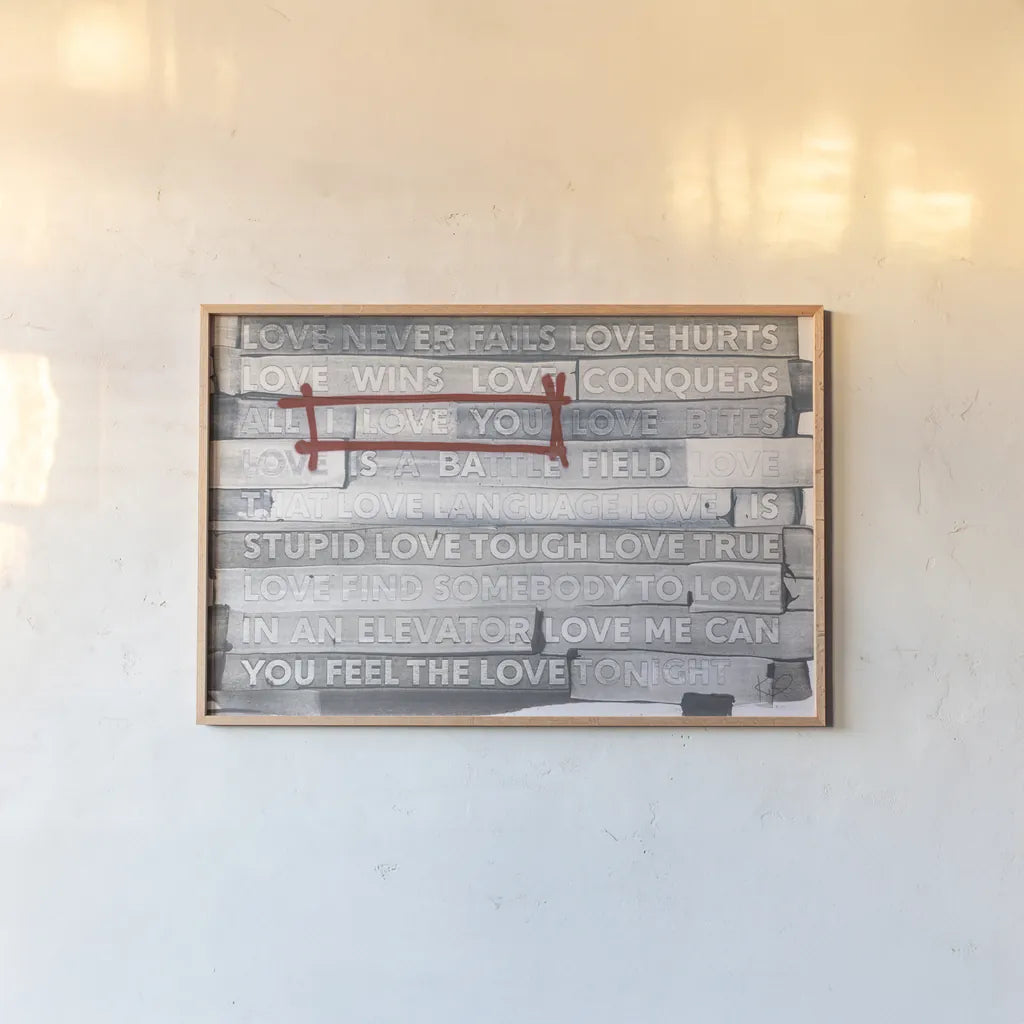 Graffiti Love by Kent Youngstrom. shown as a paper print in a natural frame. Available as a archival giclee rolled canvas, fine art paper, or poster print. SKU 80204i.