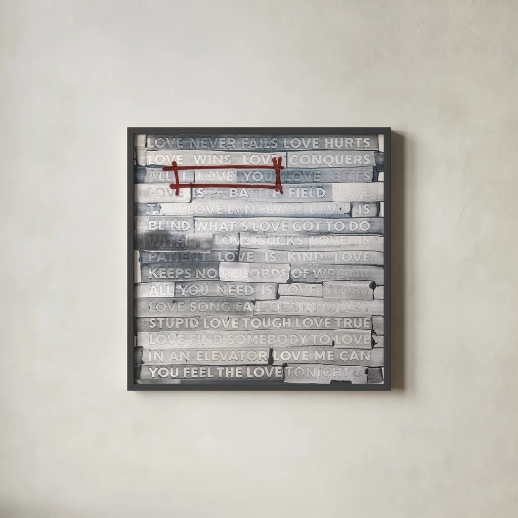 Graffiti Love Sq by Kent Youngstrom. Shown in a sleek black glass frame for a contemporary gallery look. Available as an archival giclee rolled canvas, fine art paper, or poster print. SKU 80205a.