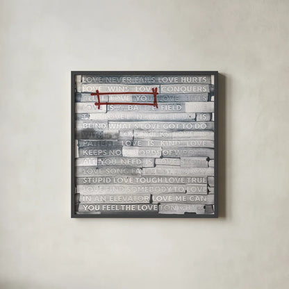 Graffiti Love Sq by Kent Youngstrom. Shown in a sleek black glass frame for a contemporary gallery look. Available as an archival giclee rolled canvas, fine art paper, or poster print. SKU 80205a.