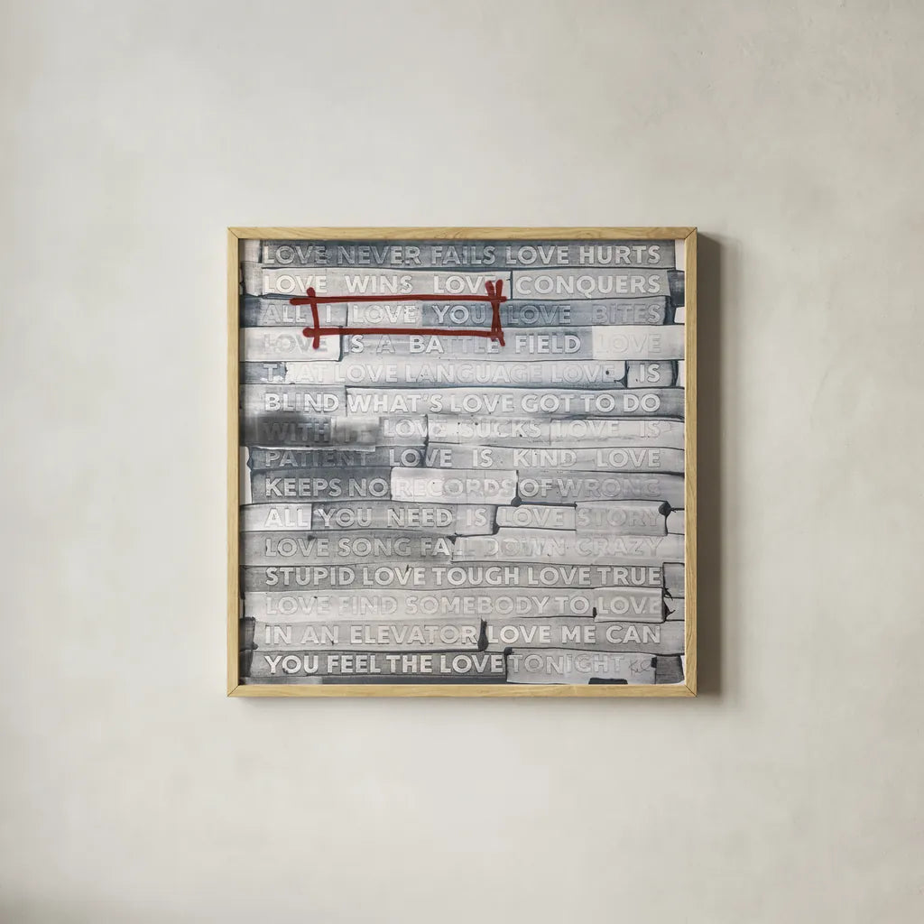 Graffiti Love Sq by Kent Youngstrom. Shown in a natural wood glass frame for a timeless modern aesthetic. Available as an archival giclee rolled canvas, fine art paper, or poster print. SKU 80205a.