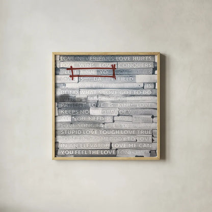 Graffiti Love Sq by Kent Youngstrom. Shown in a natural wood glass frame for a timeless modern aesthetic. Available as an archival giclee rolled canvas, fine art paper, or poster print. SKU 80205a.