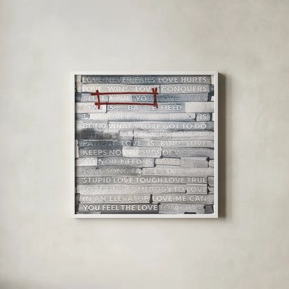 Graffiti Love Sq by Kent Youngstrom. Shown in a crisp white glass frame for a clean and minimalist style. Available as an archival giclee rolled canvas, fine art paper, or poster print. SKU 80205a.