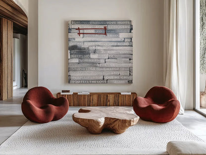 Graffiti Love Sq by Kent Youngstrom. Shown as extra-large giant wall art in a modern living room. Available as an archival giclee rolled canvas, fine art paper, or poster print. SKU 80205a.