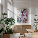 Ive Got Everything v2 by Kent Youngstrom. shown as a print in a natural wood frame in a dining room. Available as a archival giclee rolled canvas, fine art paper, or poster print. SKU 80639h.