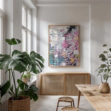 Ive Got Everything v2 Pink by Kent Youngstrom. shown as a print in a natural wood frame in a dining room. Available as a archival giclee rolled canvas, fine art paper, or poster print. SKU 85666h.