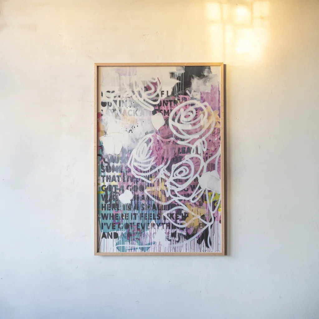 Ive Got Everything v2 Pink by Kent Youngstrom. shown as a paper print in a natural frame. Available as a archival giclee rolled canvas, fine art paper, or poster print. SKU 85666h.