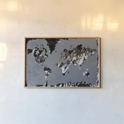 Love the World Map by Kent Youngstrom. shown as a paper print in a natural frame. Available as a archival giclee rolled canvas, fine art paper, or poster print. SKU 81315i.