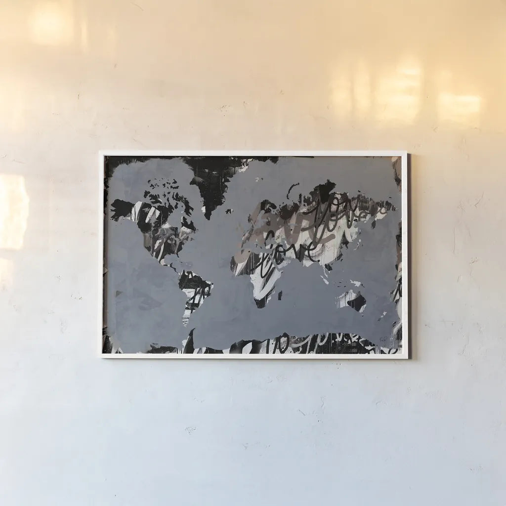 Love the World Map by Kent Youngstrom. shown as a paper print in a white frame. Available as a archival giclee rolled canvas, fine art paper, or poster print. SKU 81315i.