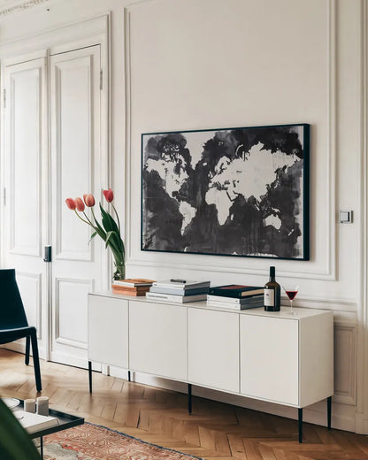 Map of the World Crop by Kent Youngstrom. shown as a framed stretched canvas in a living room above a console. Available as a archival giclee rolled canvas, fine art paper, or poster print. SKU 81316i.