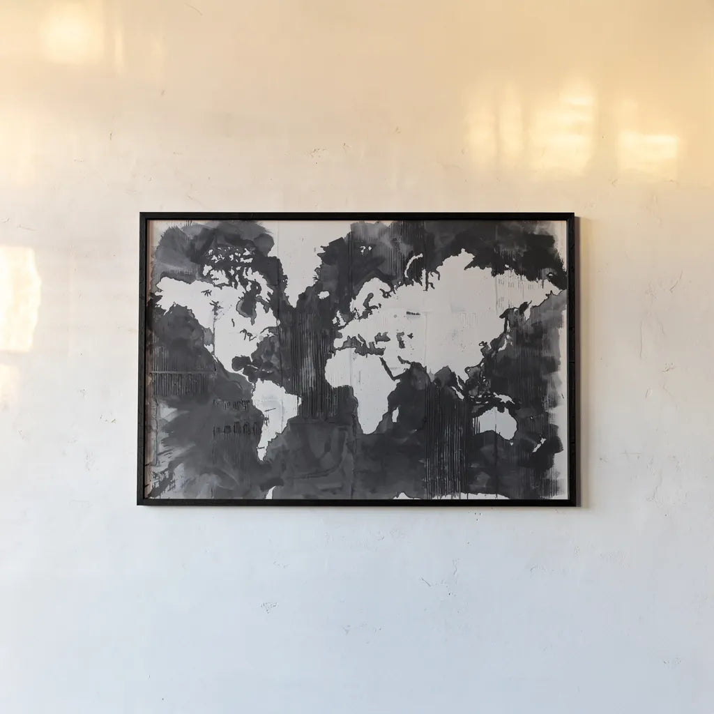 Map of the World Crop by Kent Youngstrom. shown as a paper print in a black flame. Available as a archival giclee rolled canvas, fine art paper, or poster print. SKU 81316i.