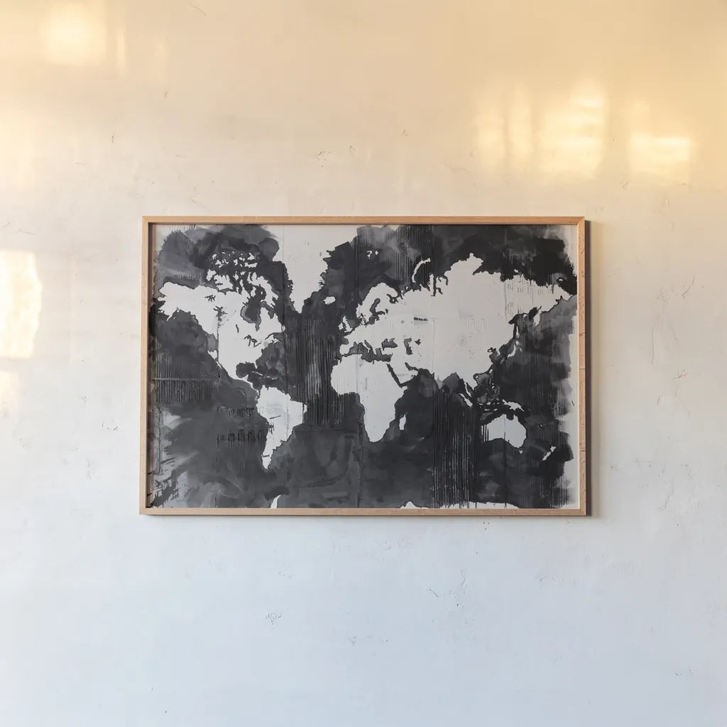 Map of the World Crop by Kent Youngstrom. shown as a paper print in a natural frame. Available as a archival giclee rolled canvas, fine art paper, or poster print. SKU 81316i.