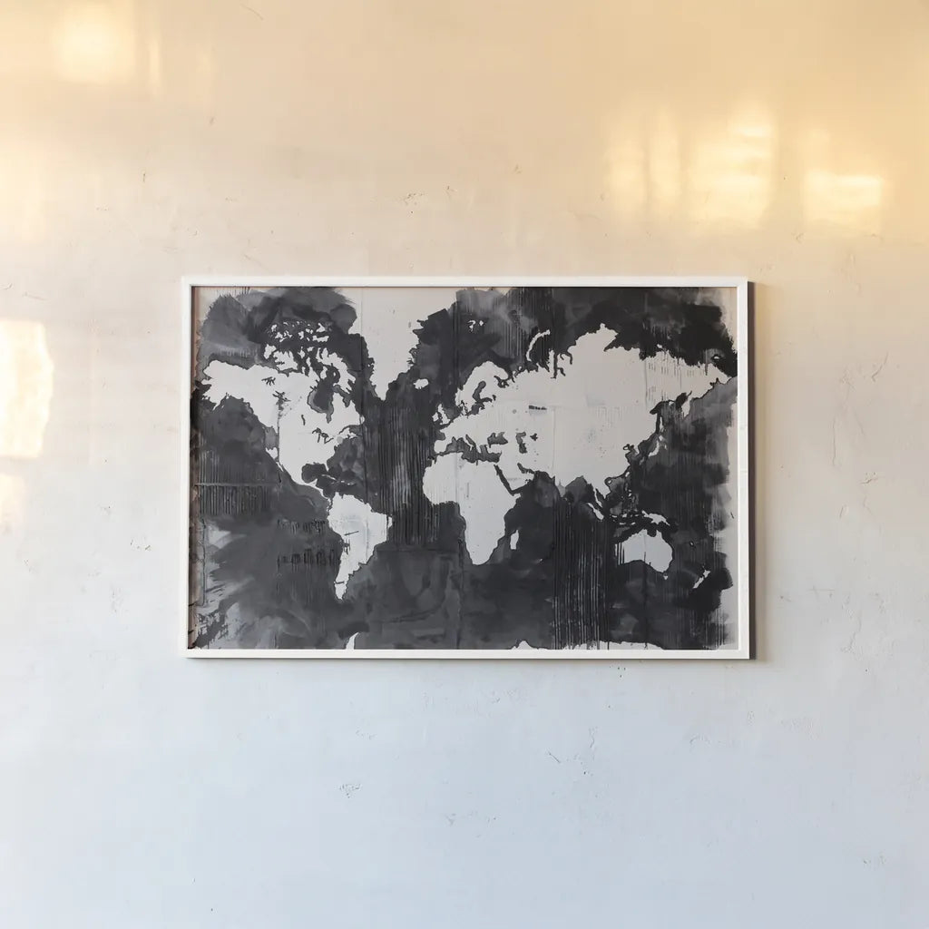 Map of the World Crop by Kent Youngstrom. shown as a paper print in a white frame. Available as a archival giclee rolled canvas, fine art paper, or poster print. SKU 81316i.
