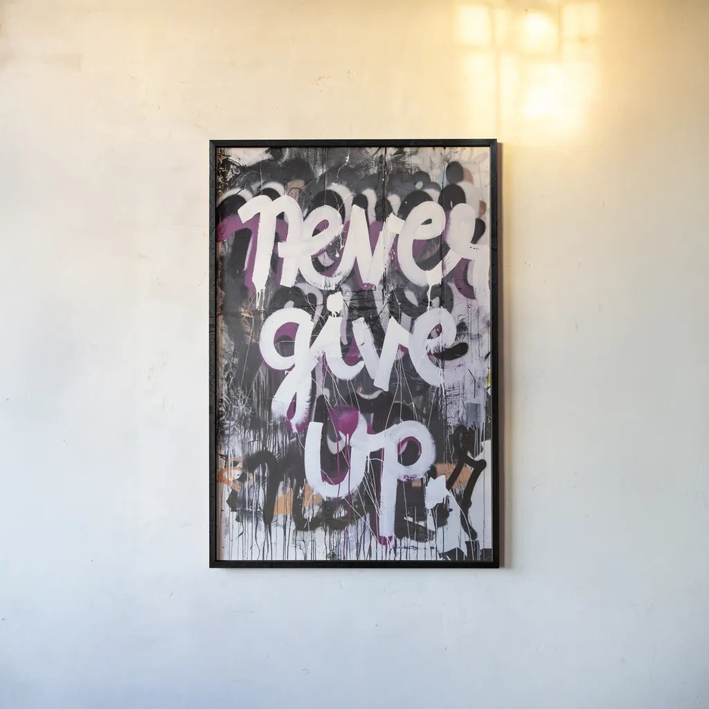 Never Give Up by Kent Youngstrom. shown as a paper print in a black flame. Available as a archival giclee rolled canvas, fine art paper, or poster print. SKU 80212h.
