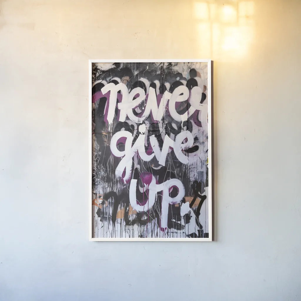 Never Give Up by Kent Youngstrom. shown as a paper print in a white frame. Available as a archival giclee rolled canvas, fine art paper, or poster print. SKU 80212h.