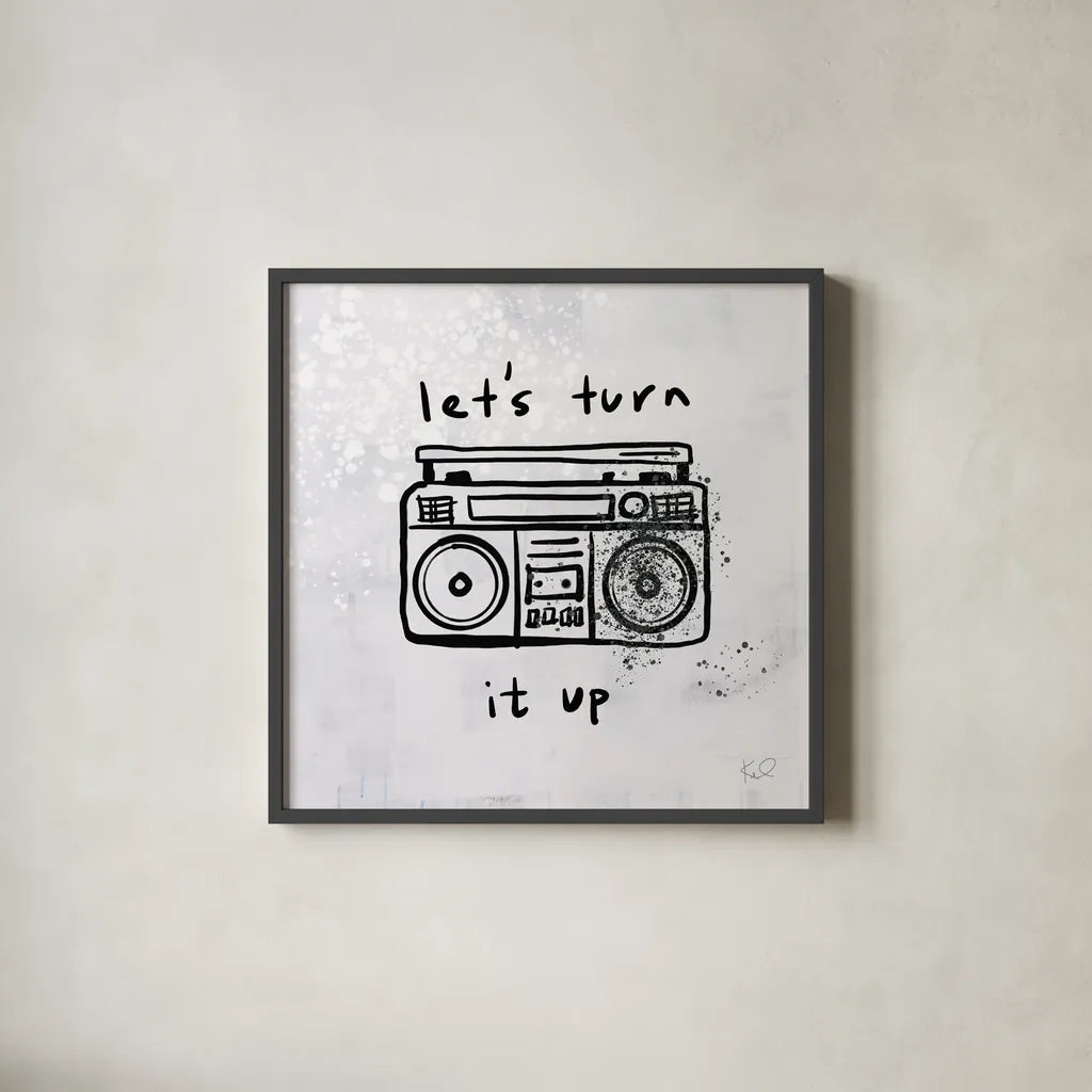 Turn it Up I by Kent Youngstrom. Shown in a sleek black glass frame for a contemporary gallery look. Available as an archival giclee rolled canvas, fine art paper, or poster print. SKU 81099a.