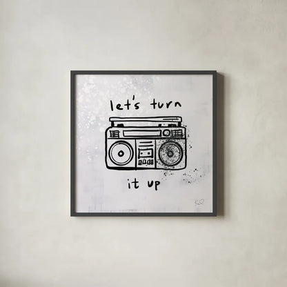 Turn it Up I by Kent Youngstrom. Shown in a sleek black glass frame for a contemporary gallery look. Available as an archival giclee rolled canvas, fine art paper, or poster print. SKU 81099a.