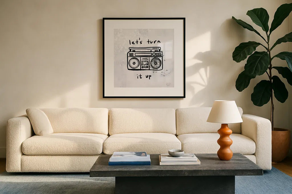 Turn it Up I by Kent Youngstrom. Displayed in a glass frame with matte in a clean modern living room. Available as an archival giclee rolled canvas, fine art paper, or poster print. SKU 81099a.