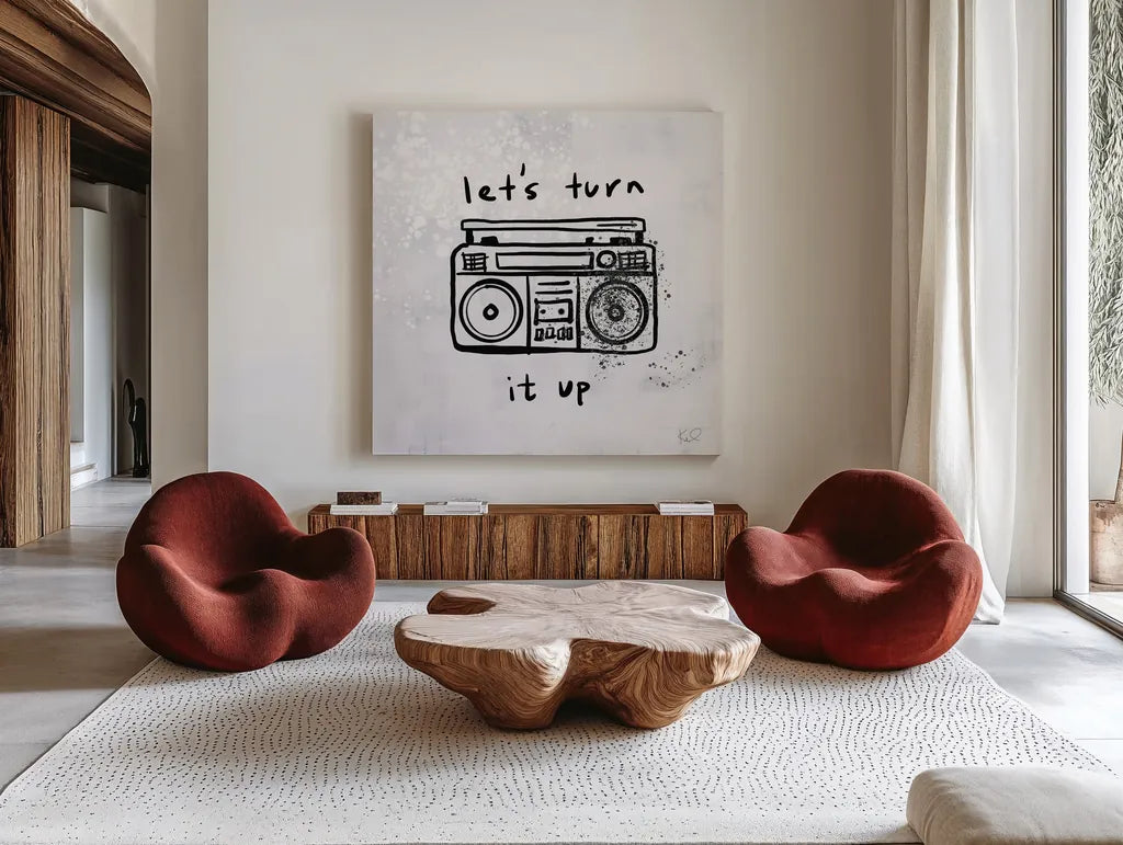 Turn it Up I by Kent Youngstrom. Shown as extra-large giant wall art in a modern living room. Available as an archival giclee rolled canvas, fine art paper, or poster print. SKU 81099a.