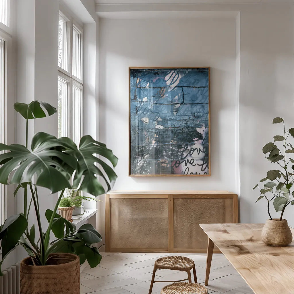 Wall of Love by Kent Youngstrom. shown as a print in a natural wood frame in a dining room. Available as a archival giclee rolled canvas, fine art paper, or poster print. SKU 80215h.