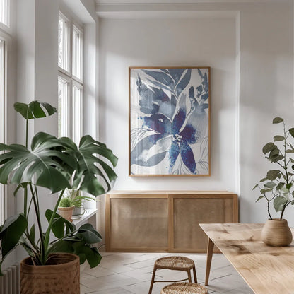 Beauty of Blue by Kristy Rice. shown as a print in a natural wood frame in a dining room. Available as a archival giclee rolled canvas, fine art paper, or poster print. SKU 100913h.